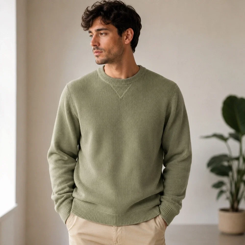 VTG 90s Eddie Bauer Mens M Ribbed  Crewneck Cotton Sweater Olive Green Hong Kong